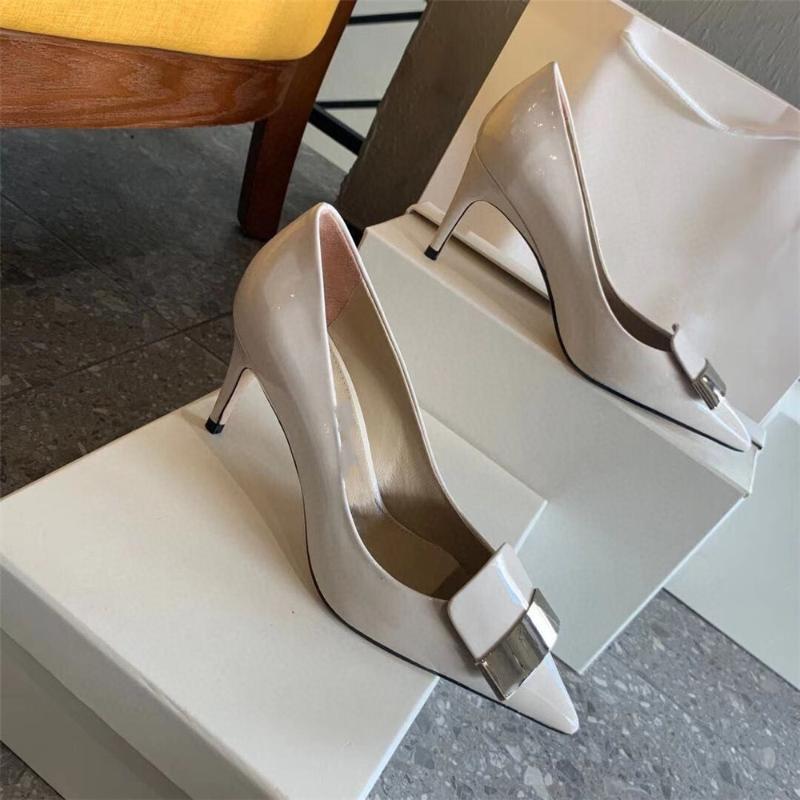 

Dress Shoes Leather Fashion Genuine Women's Heels Metal Decoration Pointed Toe Thin Patent Shallow Mature Ladies, 4.5cm-7.5cm-9cm