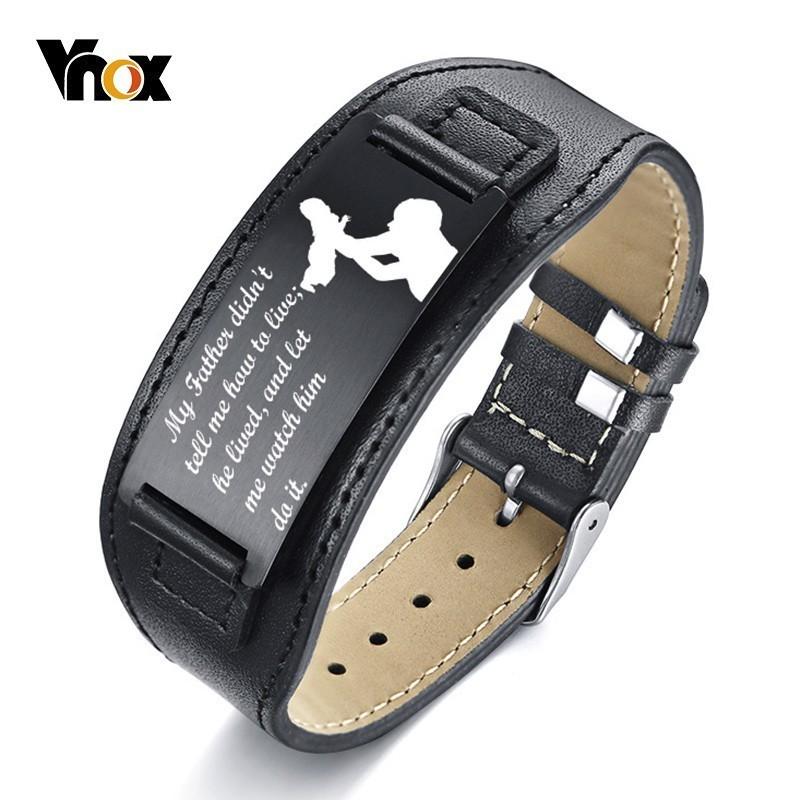 

Link, Chain Vnox Varies LOVE DAD Gift Bracelet For Men Personalized Black Stainless Steel Bar Genuine Leather Watch Band Design Wrist