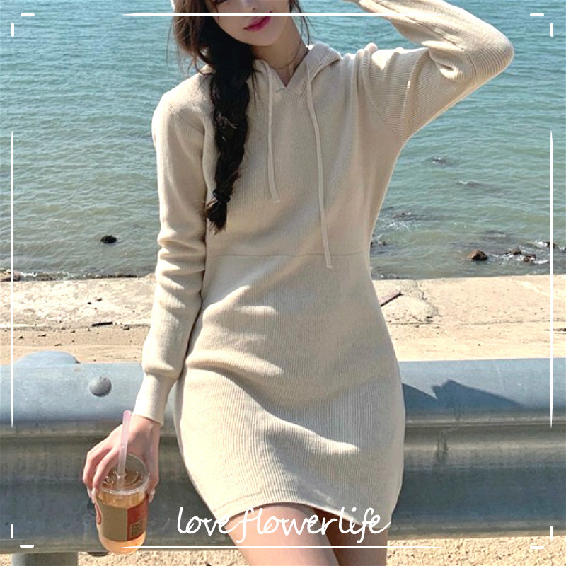 

Hooded Slim Knitted Dress Women French Vintage Fairy Mini Office Sweater Dress Female Dress Korean Autumn Winter 210521, Apricot