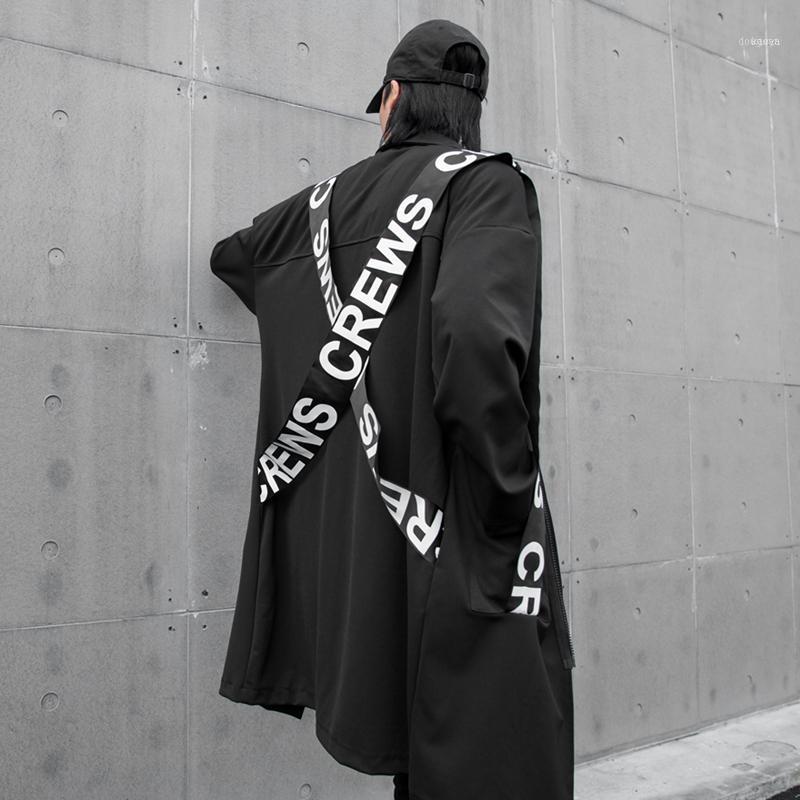 

Autumn Winter Men Ribbons Patchwork Punk Hip Hop Long Trench Coat Man Vintage Zipper Jacket Gothic Streetwear1, Black