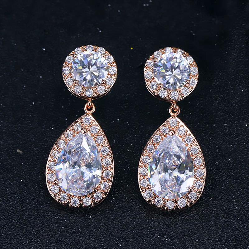 

Dangle & Chandelier ThreeGraces Stunning Rose Gold Color + Cubic Zirconia Classic Water Drop Big Crystal Wedding Earrings Bridal Jewelry, Silver