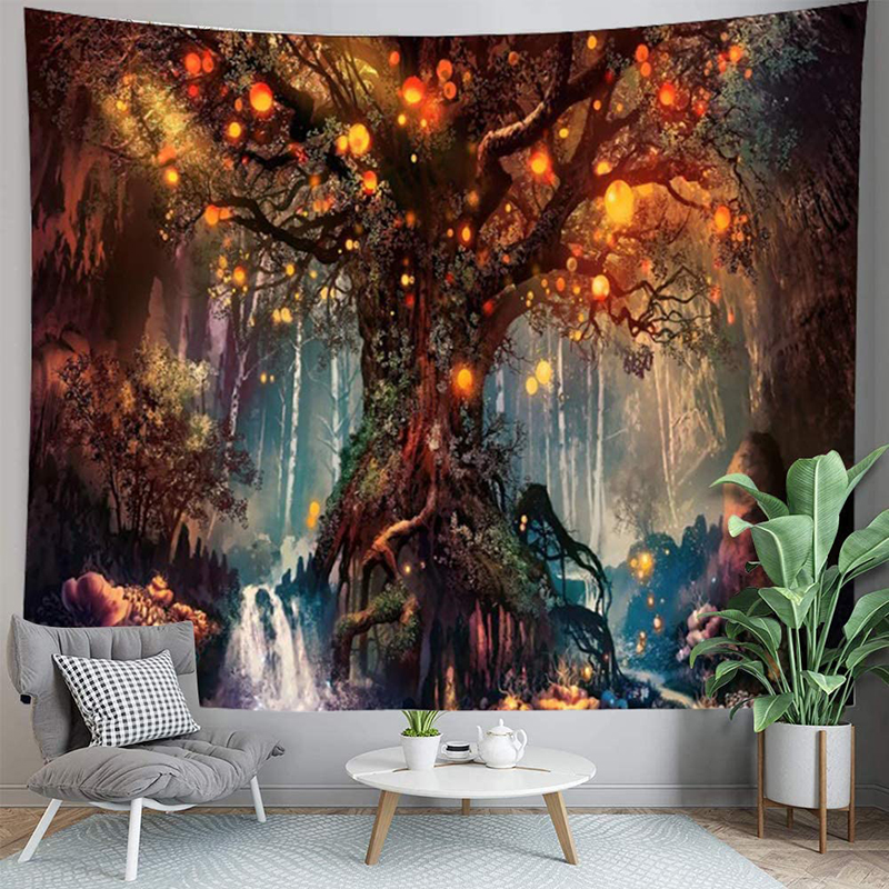 

3D Wishing Trees Tapestry Fantasy Forest Fairy Tales Living room Bedroom Wall Hanging Decor Magical Tree of Life Mystical Shining Lanterns Tapestries