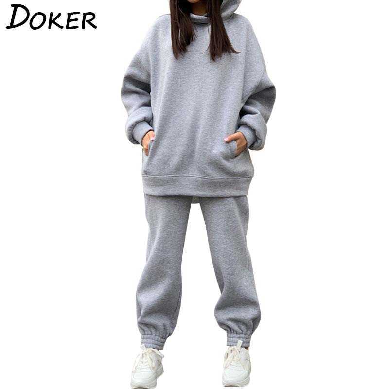 

Autumn Winter Fleece Hoodies Sweatshirt Women 2 Piece Set Clothes Female Tracksuits Jogger Pants Thick Warm Oversize Sweat Suits 210603, Camel