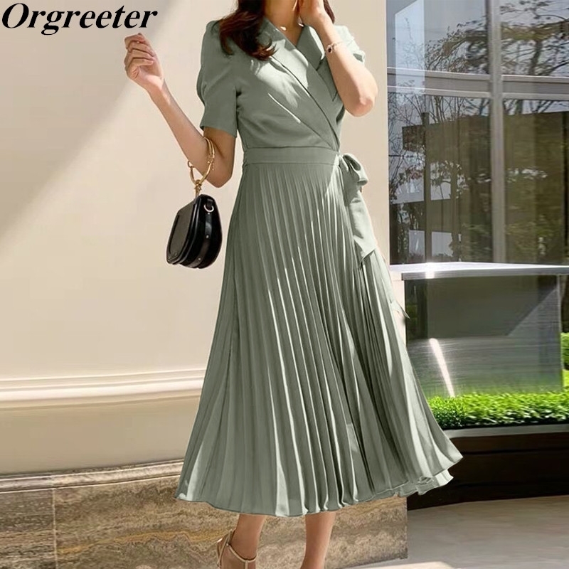 

Korean Short Sleeve Pleated Women Dress Office Ladies Lace Up Notched Blazer Adjustable waist Midi Summer 210525, Green