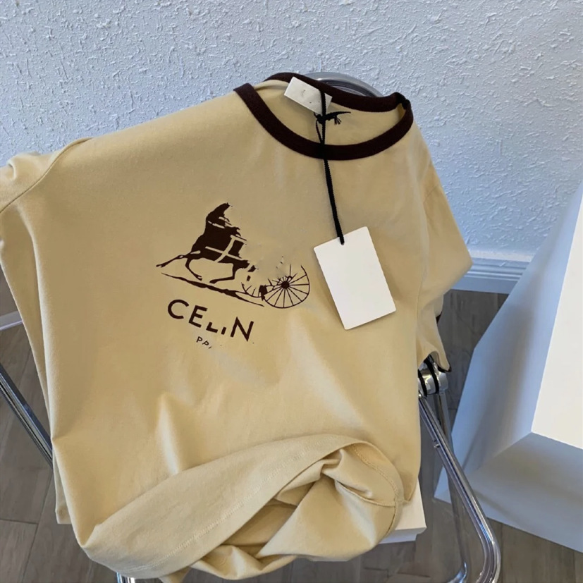 

Luxury design Cel wind wheel carriage letter printed short sleeve T-shirt women's summer lovers' fashion bottom shirt A1, Khaki