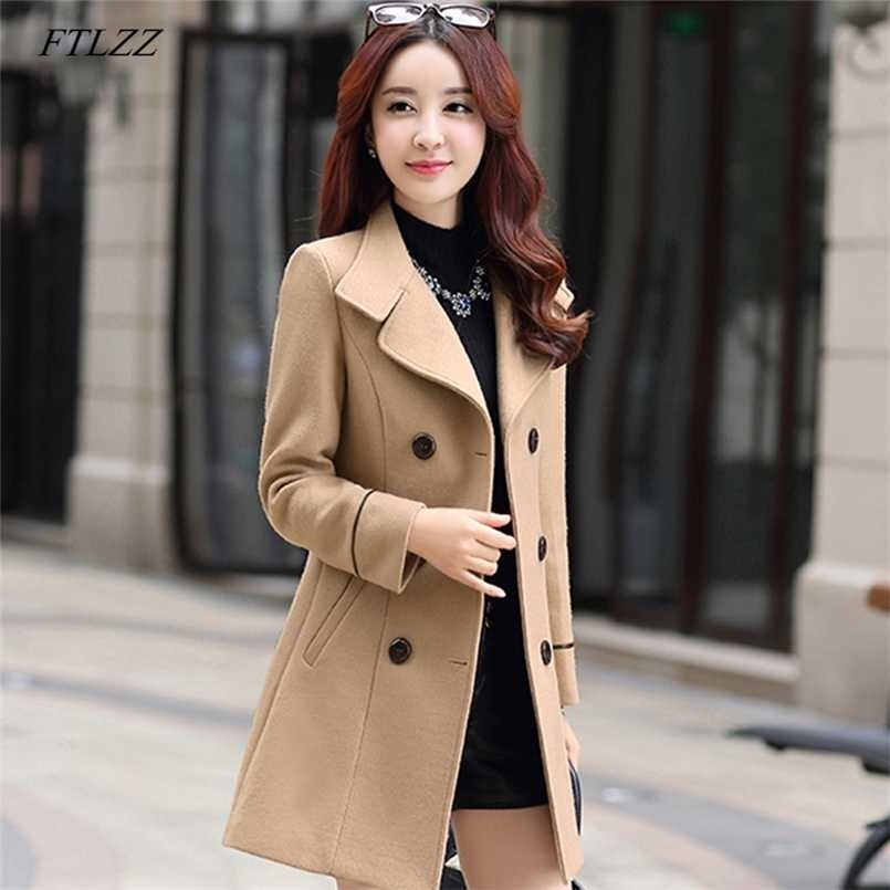 FTLZZ Women Wool Blend Warm Long Coat Autumn Winter Plus Size Female Slim Fit Lapel Woolen Overcoat Cashmere Outerwear 211104