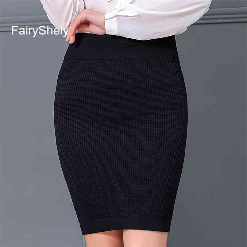

FairyShely Women Office Skirt Autumn Winter Sexy Warm Knitted Black Pencil s Ladies Short Red High Waist Mini 210708