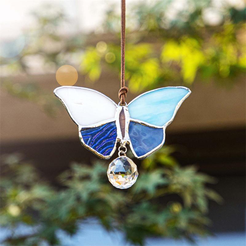 

Garden Decorations H&D Stained Glass Butterfly Suncatcher With 20mm Crystal Ball Rainbow Window Wall Art Hanging Pendant Souvenir Collection