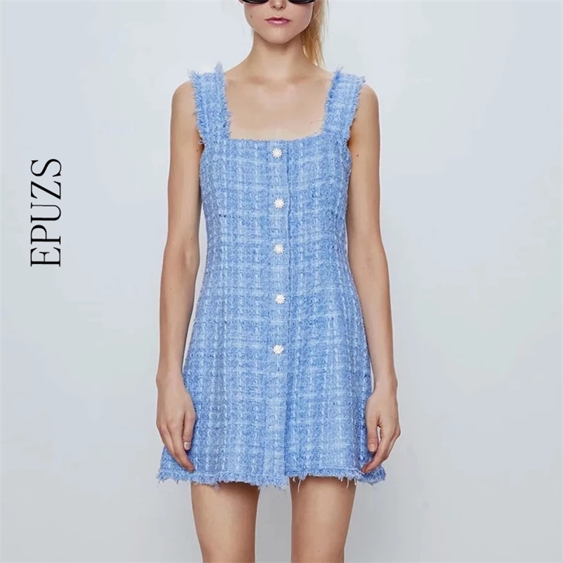 

elegant sleeveless tweed dress women vintage button club es boho female slim mini girls chic korean vestidos 210521