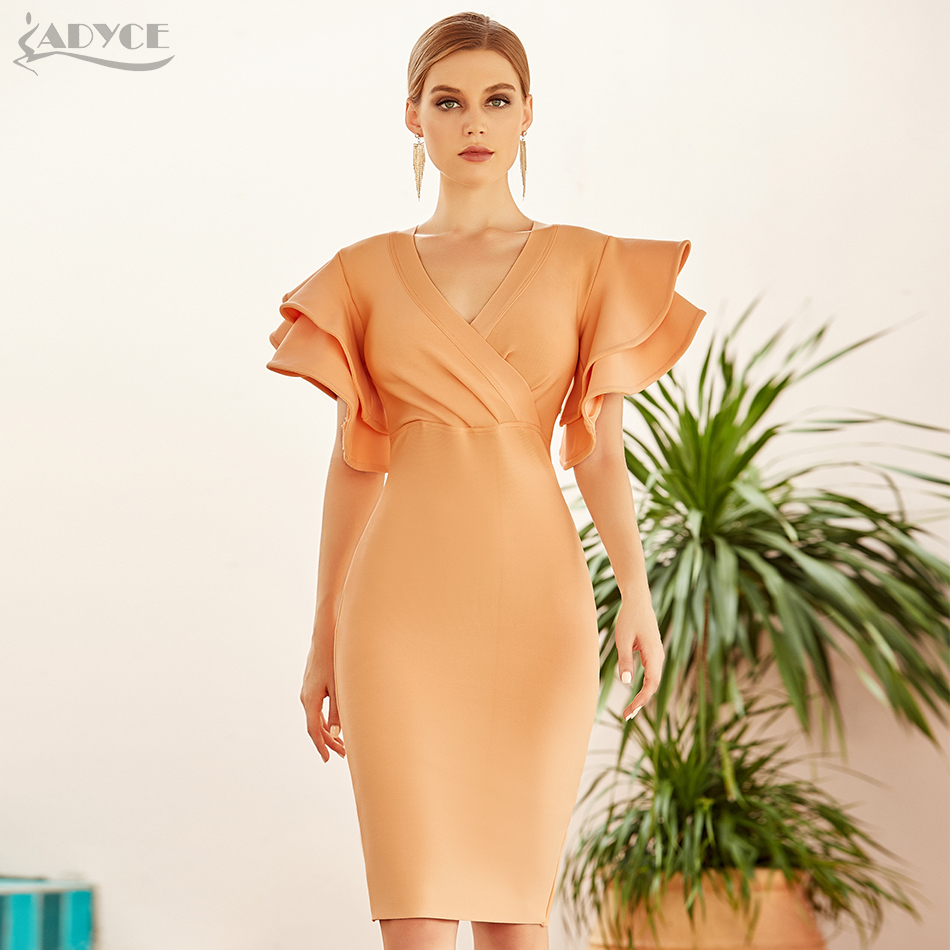 

Adyce 2021 New Summer Women Short Sleeve Bodycon Bandage Dress Sexy V Ne Ruffles Club Celebrity Evening Runway Party Dresses, As photo
