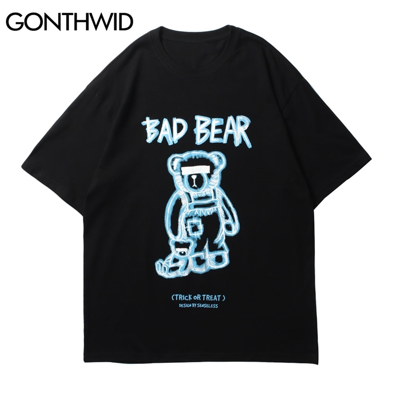 

Short Sleeve Tees Hip Hop Streetwear Men Summer Bears Print T-Shirts Cotton Casual Harajuku Loose Fashion Tshirts Tops 210602, Black