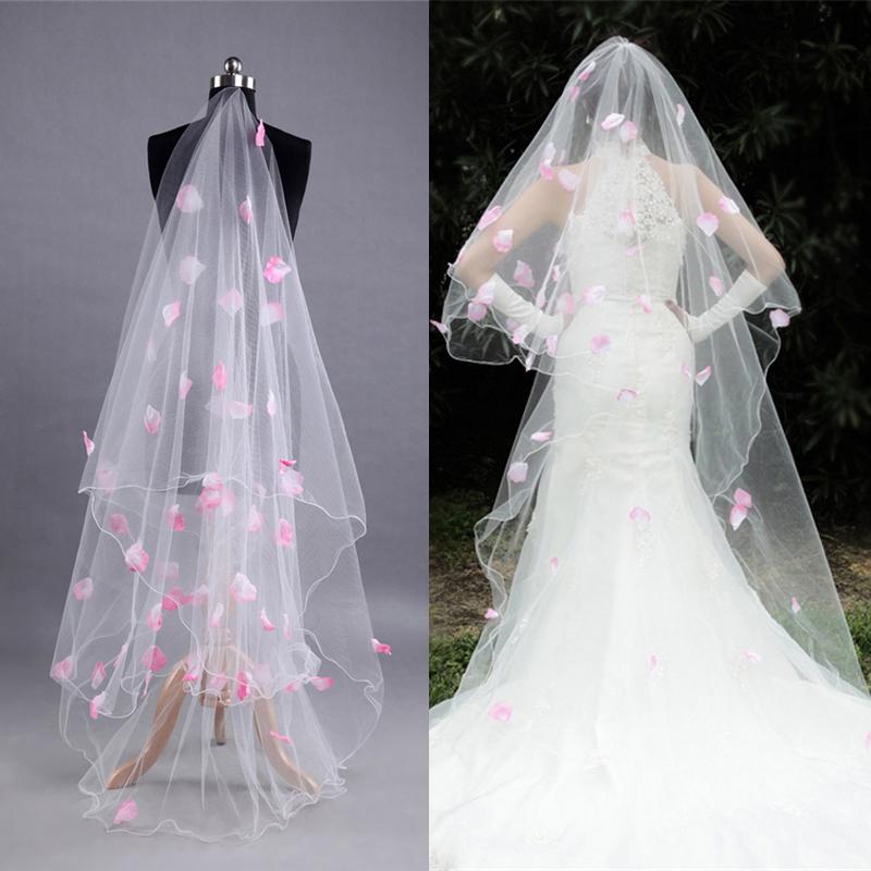 

Bridal Veils 300cm One Layer White Wedding Veil Long Pink Petals For Bride Marriage Accessories Velos De Noiva Q4