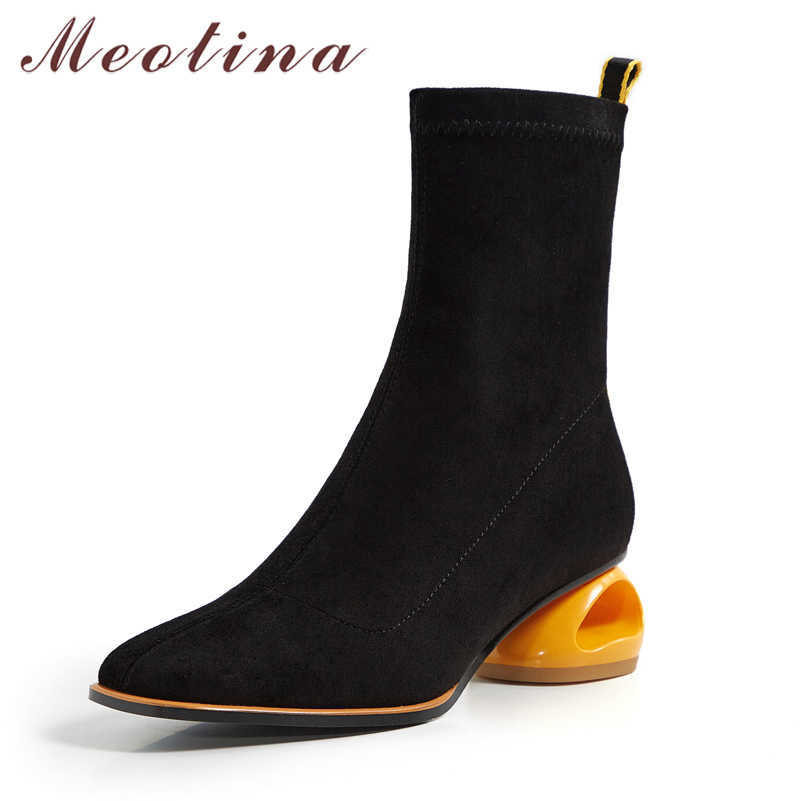 

Meotina Ankle Boots Women Shoes Square Toe Strange Style Heels Ladies Boots Slip-On High Heel Short Boots Female Autumn Black 210608