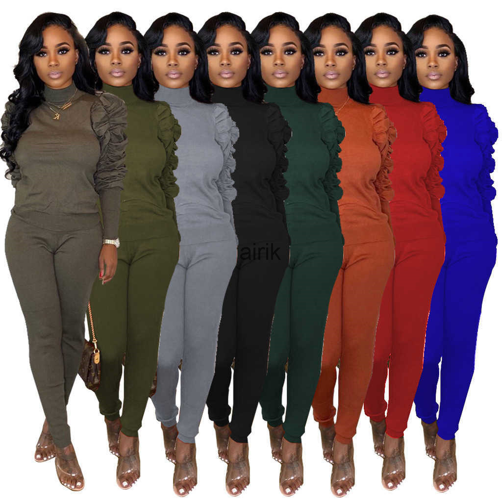 

Women Two Pieces Pants Clothing High Neck Pile Sleeve Set Tracksuit Casual Solid Color Pleated Ruffled Long Sleeve Fashion Designer Famale