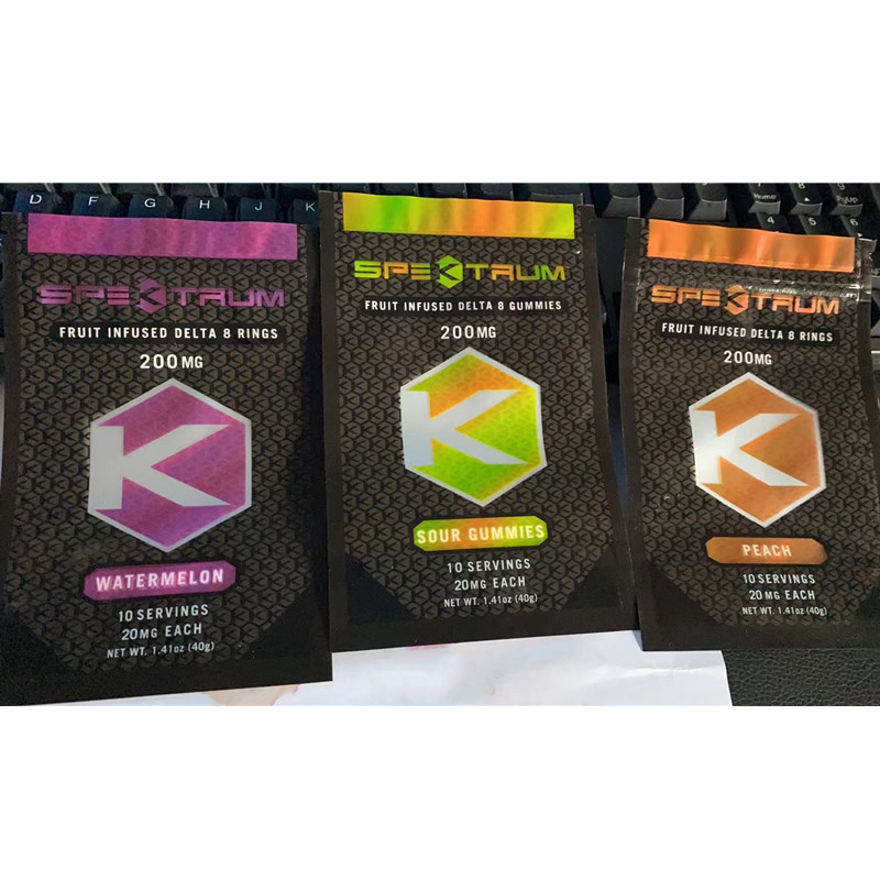 

SPEKTRUM FRUIT INFESED DELTA 8 RINGS 200MG packing bags 10 servings 20mg each 1.41oz 40g watermelon sour gummies peach packaging bag