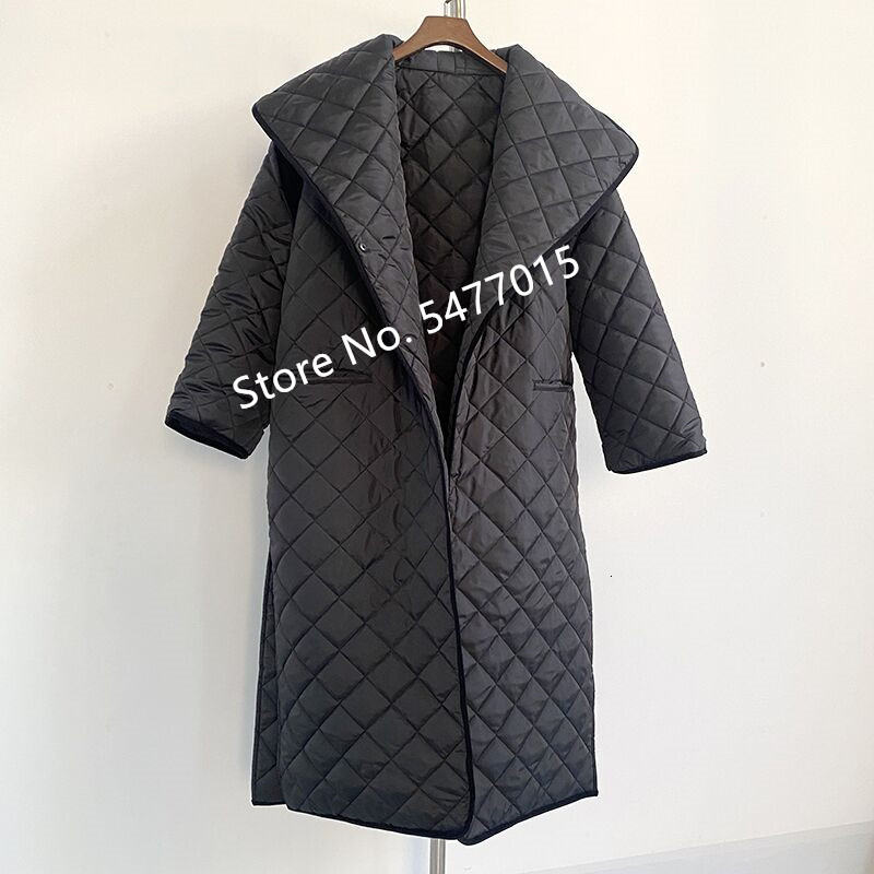 

downs Women Black Plaid Mid-length Jacket Hem Split Loose Simple Autumn Winter Coat