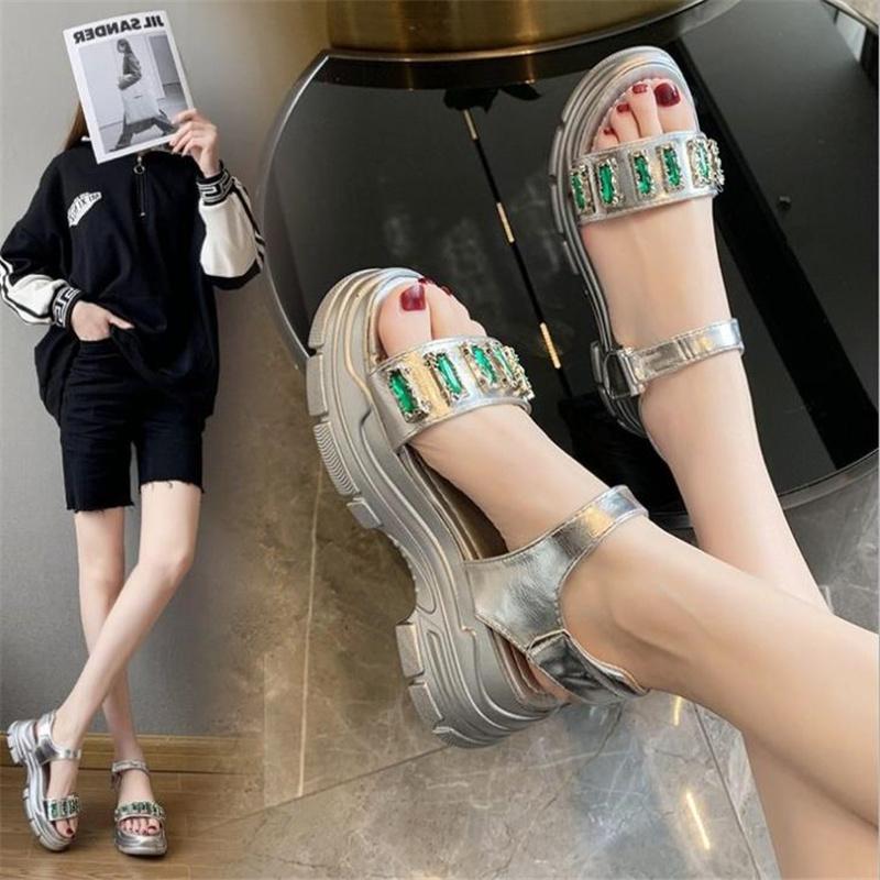 

European And American Summer Rhinestone Sandals Female 2021 Fashion Student Ins Tide Fairy Style Thick-soled, Black