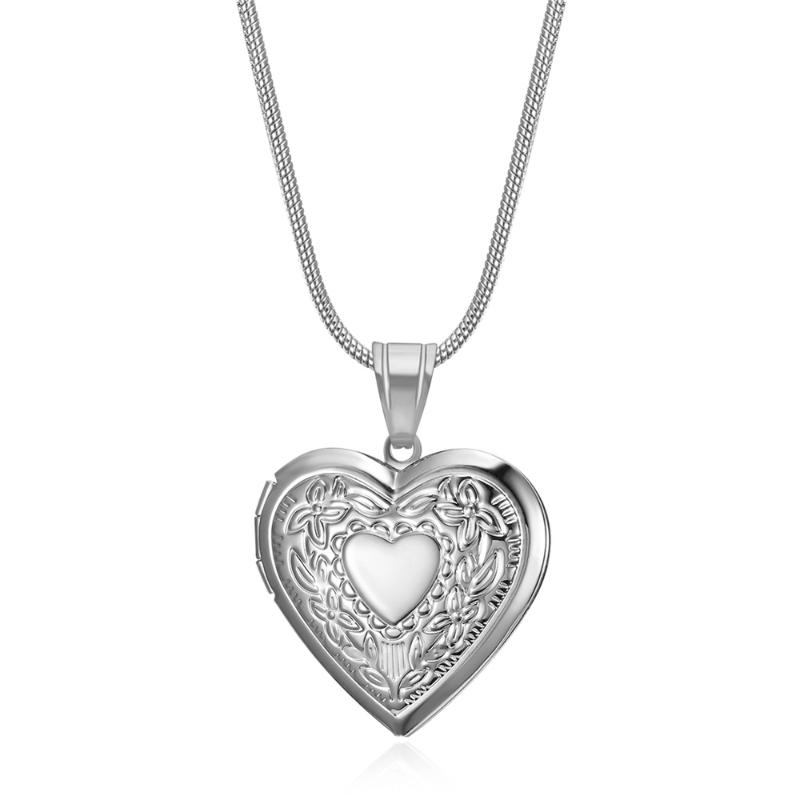 

Pendant Necklaces Engraved Heart Po Frame Love Openable Stainless Steel Charms Locket Necklace Women Memory Jewelry, Silver