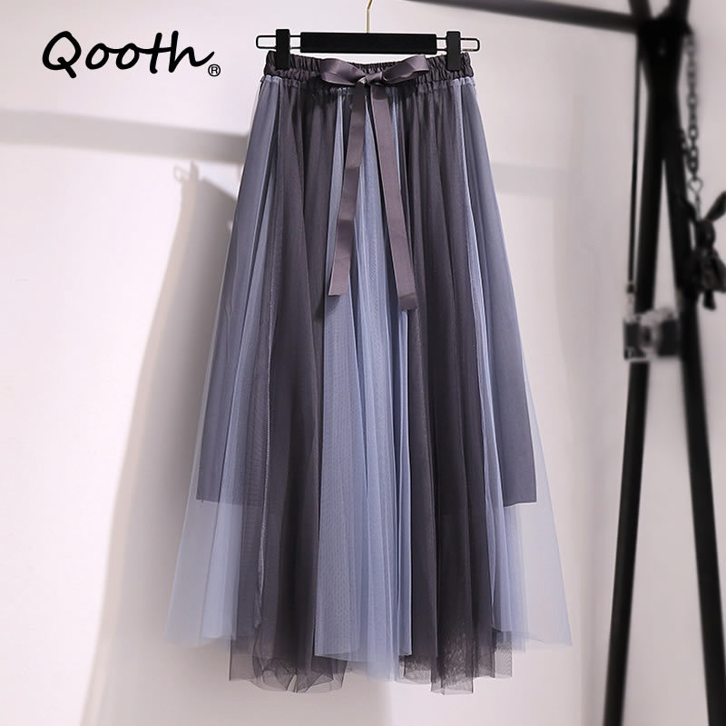 

Qooth Stitching Bowknot Belt Skirts Women's Mesh Pleated Fairy Skirt Fashion Causal Color Matching Large Drape Skirt QT563 210518, Black-grey
