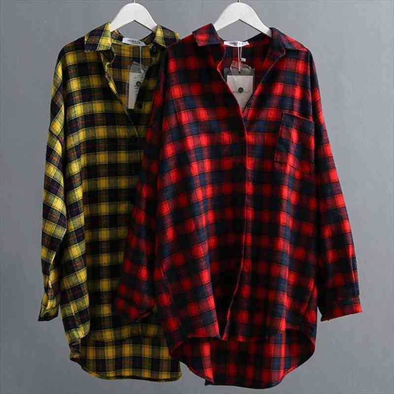 

Autumn Cotton Plaids Women Blouses High Quality Fashion Plus Size Womens Shirts Plaid Tops Red yellow, White