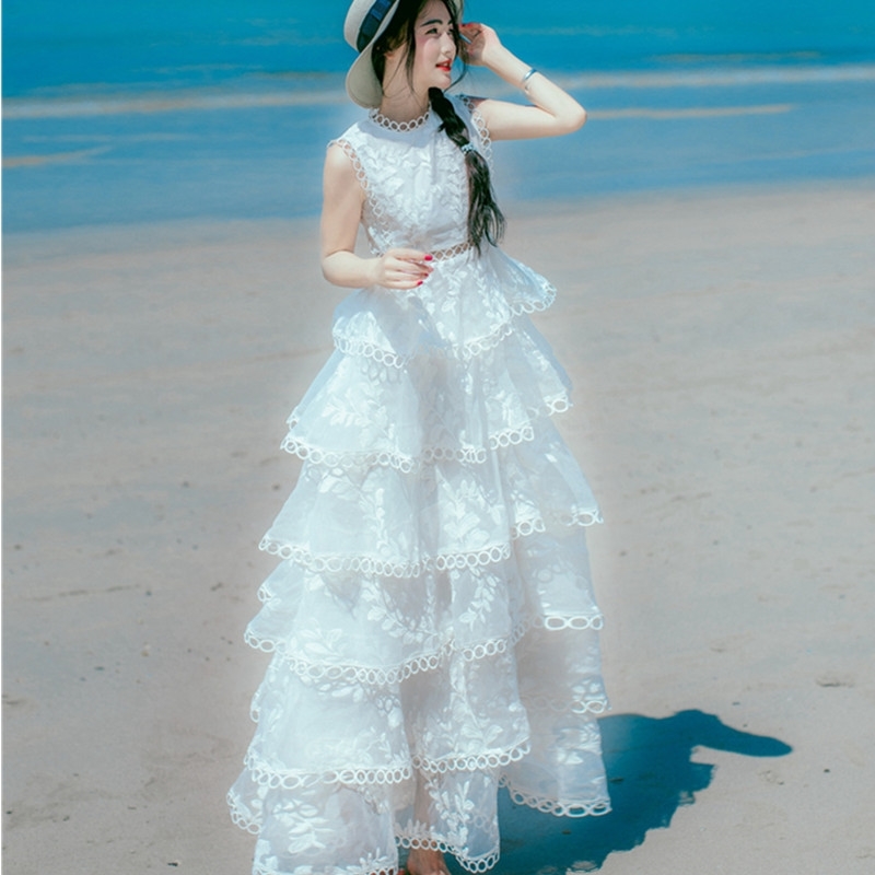 

HIGH QUALITY est Fashion Designer Runway Maxi Dress Women' Embroidery Gauze Hollow Patchwork Tank Long 210520, Picture color