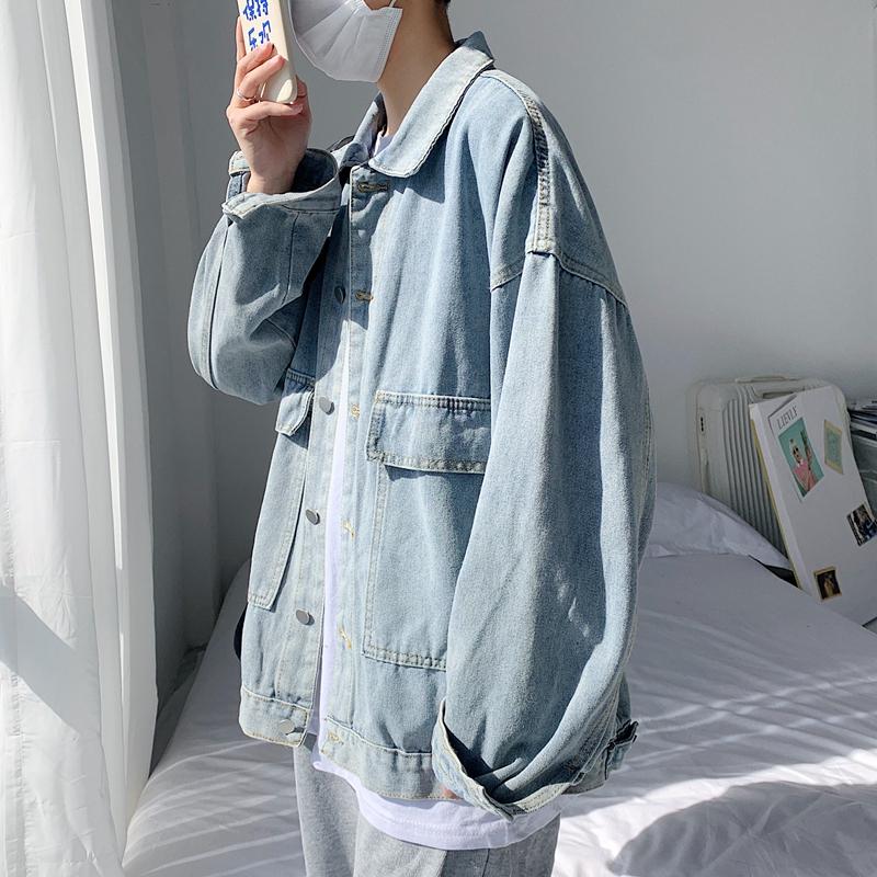 

Men' Jackets 2021 Autumn Handsome Denim Jacket Loose High Street Big Pocket Tooling Mens Baseball Uniform, Blue