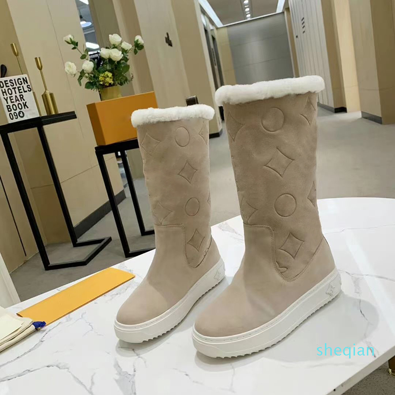 

Designer Fur Knee Boots Flat Boot Suede Calf Leather Winter Flowers Shoes Shearling Warm Luxury Fashion Booties, Color 13
