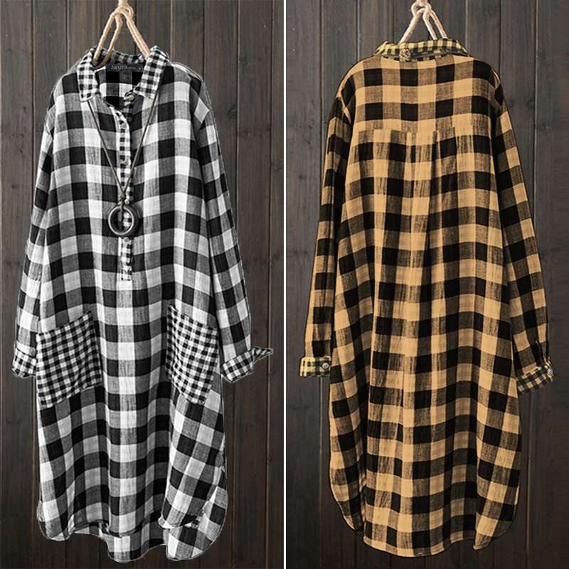 

2021 Women Mid-calf Shirt Dress ZANZEA Autumn Retro Ladies Lapel Vestidos Plus Size 5XL Fashion Casual Plaid Robe Longue Femme, Black