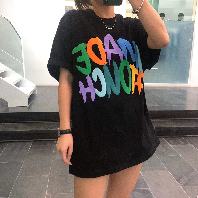 

Spring summer Europe America Fashion Puff print Tee t shirt Men Women Oversize Street Casual cotton Tshirt, White;black