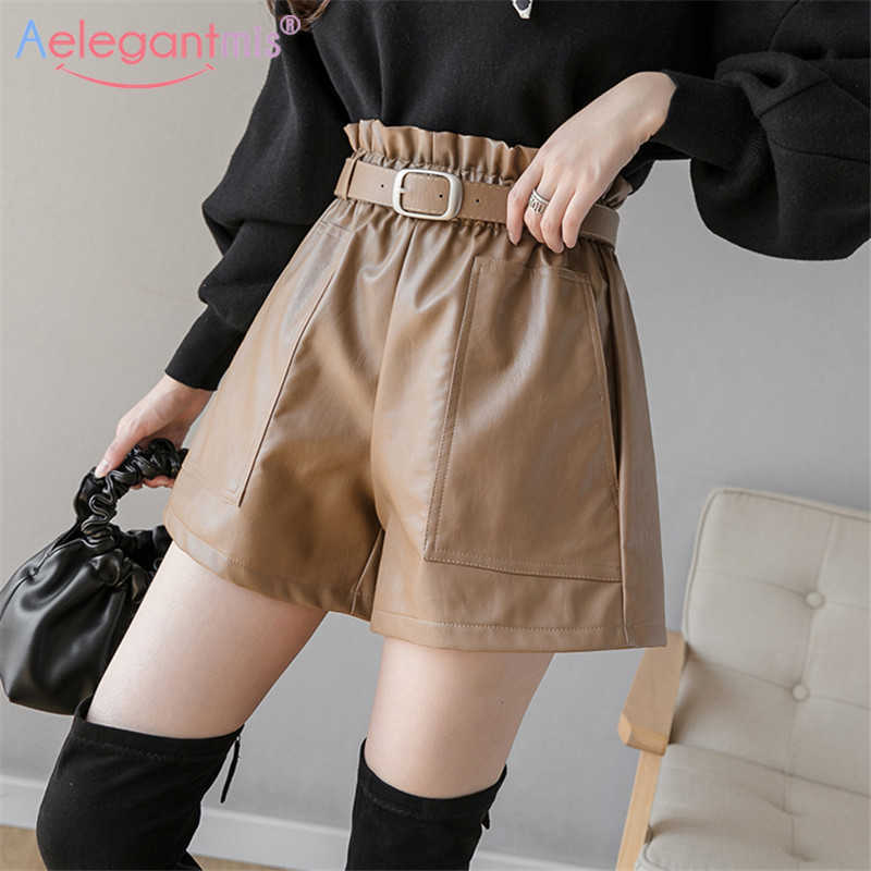 

Aelegantmis Loose Sashes Wide Leg Faux Leather Shorts Women Spring Casual Belt High Waist PU Female Elegant Chic 210607, Khaki