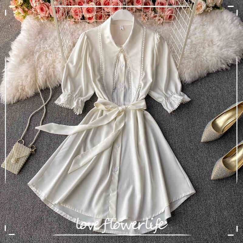 

LoveFlowerLife Summer Casual Elegant Solid Dress A Line Turndown Collar Single Breasted Mid-Calf Women Dresses 210521, White