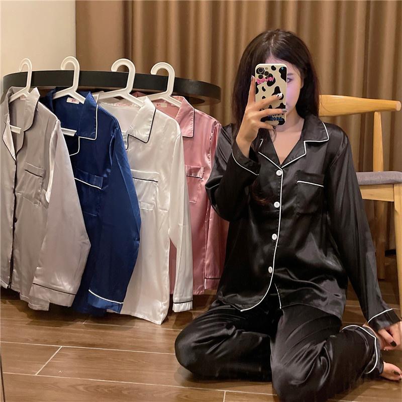 

Women's Sleepwear Real S No Reduction Ice Silk Long Sleeve Pajamas Two-Piece Set 202, Black