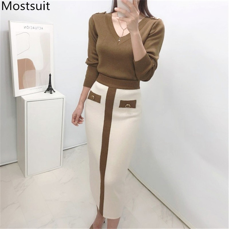 

Autumn Korean Knitted Elegant Two Piece Sets Women V-neck Sweater + Color-blocked Long Skirt Ladies Fashion Suits Outfits 210518, Khaki