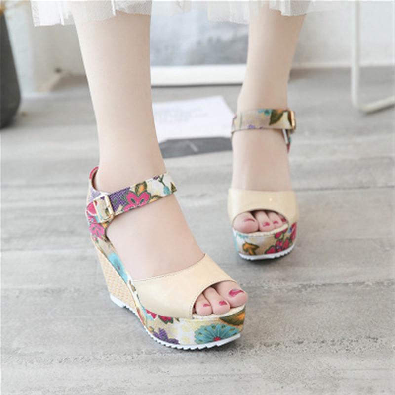 

Fashion Summer High Heel Female Sandals Women's 2021 Wedges Fish Mouth Flower Leisure Shoes, Beige