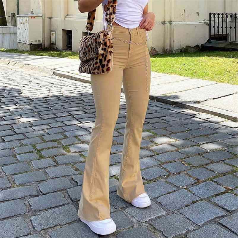 

Women High Waist Stretch Flared Pants Jeans Khaki Black Brown y2k Female Streetwear Vintage Denim Trousers 210629