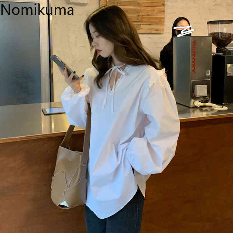 Nomikuma Causal Lace Up V-neck Womens Tops Ruffle Long Sleeve Korean Solid Blusas Mujer New Pullover Blouse Shirt 6G642 210427