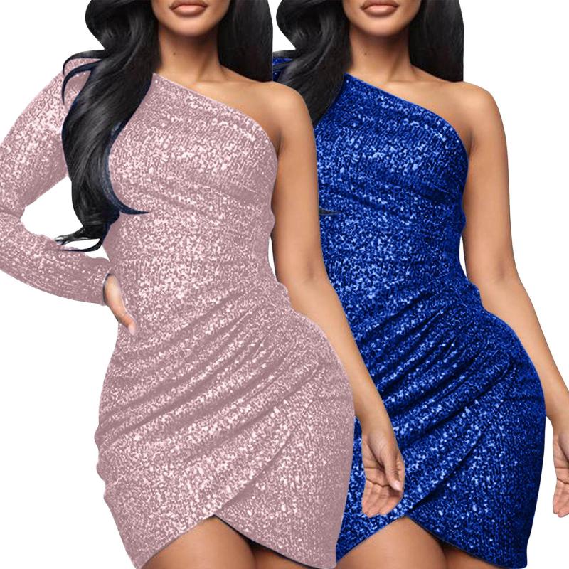 

Casual Dresses Sexy Sequin One Shoulder Dress For Woman Glitter Evening Party Clubwear Vestidos Long Sleeve Elegant Skinny Bodycon, Blue