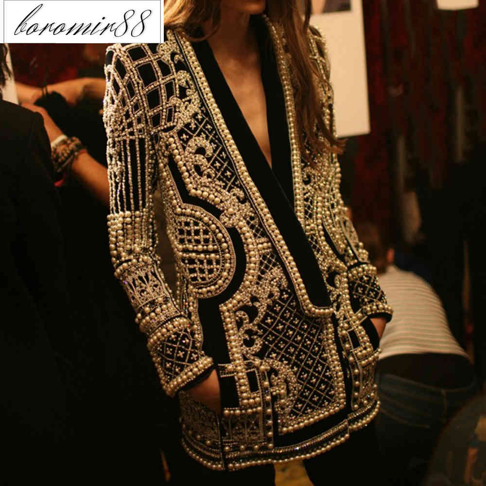 

Beaded coat 2021 spring long sleeve V-neck small suit women 1052621, Black