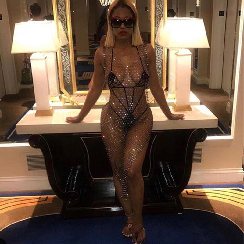 

Casual Dresses Summer 2021 Fishnet Midi Bling Rhinestones High Split Women Dress Beachwear Sexy Patchwork See Through Skinny, Black