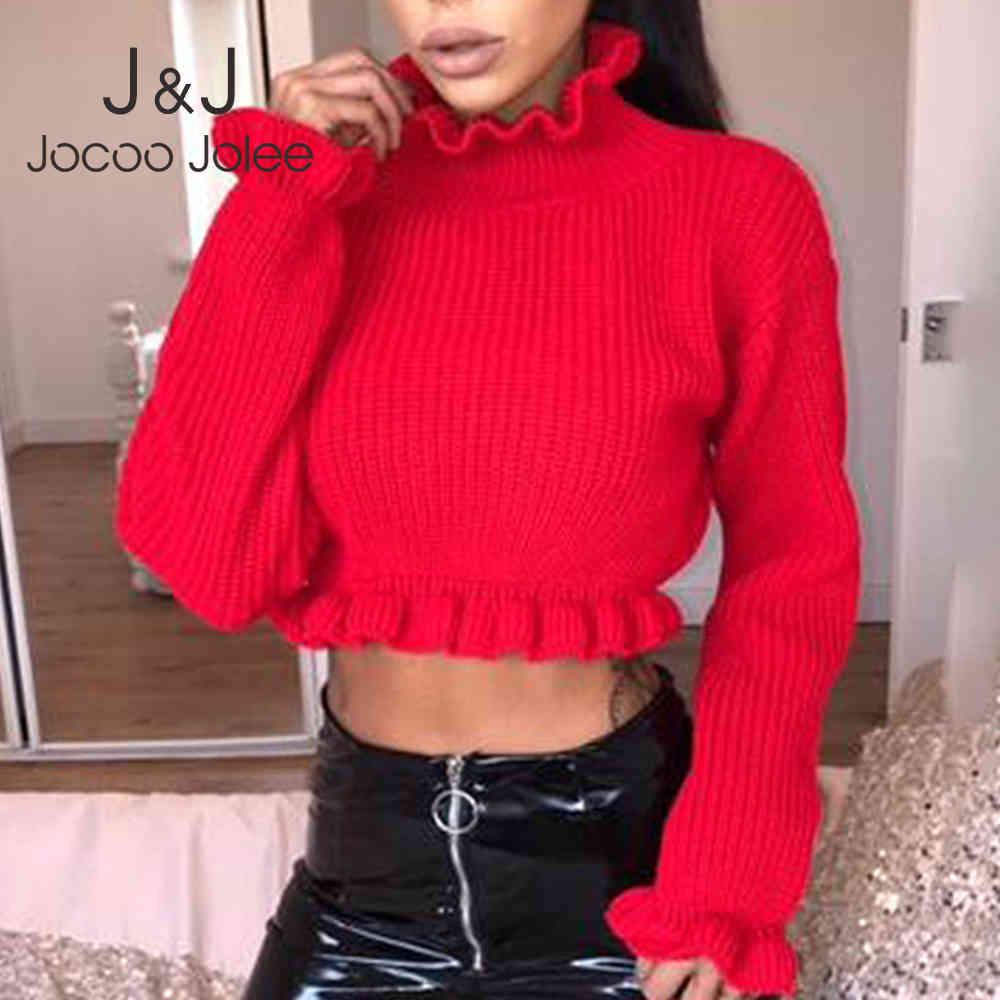 

Jocoo Jolee Women Casual Long Sleeve Cropped Knitted Sweater Vintage Turtleneck Pullover Fashionable Pull Femme Jumper 210518, Yellow
