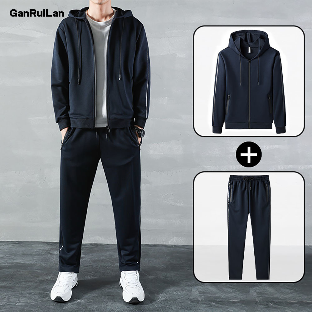

Fashion Running Sport Suit Hooded Men Casual Polyester Fall Winter Warm Sweatshirts Men's Casual Tracksuit Suit B0791 210518, Dark blue color