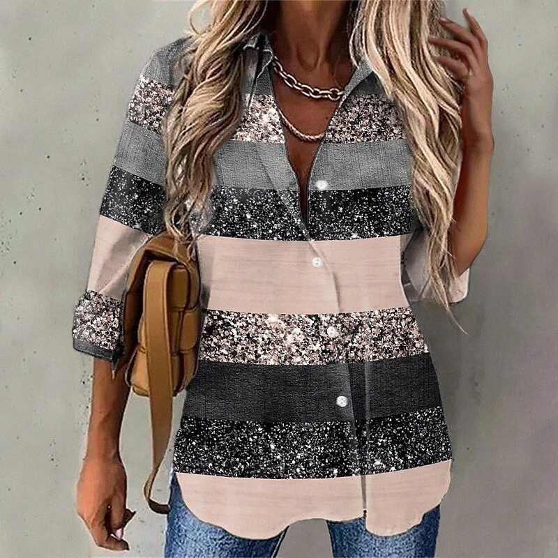 Women's Blouse Shirt Striped Graphic Sparkly Button Print Shirt Collar Casual Streetwear Tops Blue Purple Pink / 3D Print V40Y#