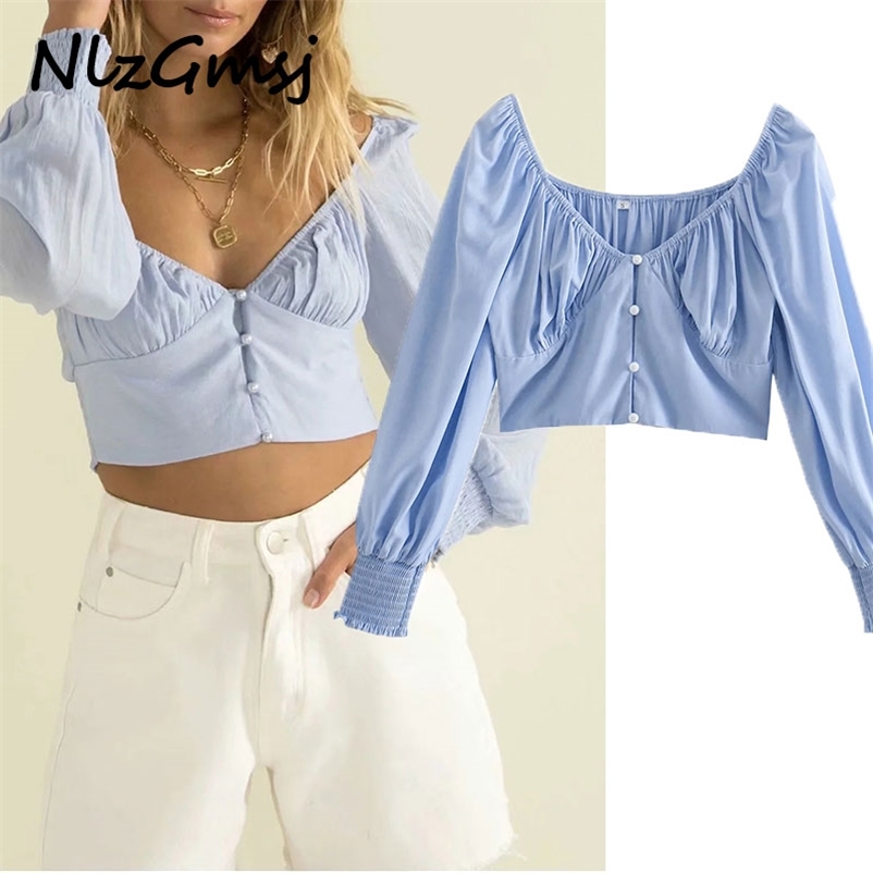 

Summer Lantern Sleeve Short Top Sexy Round Collar Tight Blouse Single Breasted Design Thin High Waist 04 210628, As picture