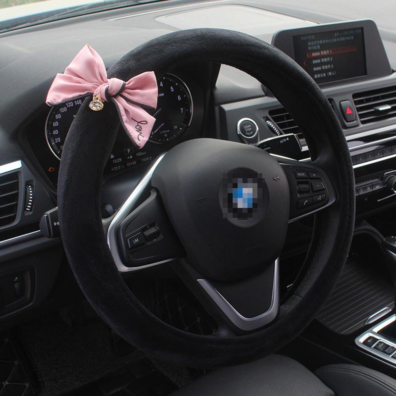 

Steering Wheel Covers Cute Bowknot Universal Car Cover Winter Soft Plush Crystal Wheels Case Women Auto Interior Decoration