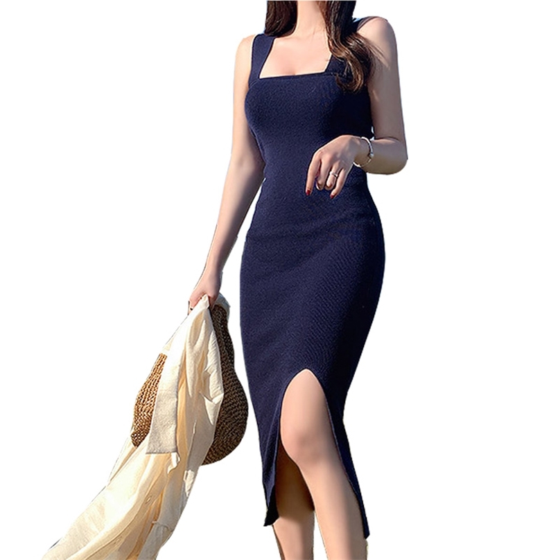 

Blue Knitted Dress for women Summer Sleeveless Square Neck Cotton Ladies Sexy causal Midi Dresses 210602