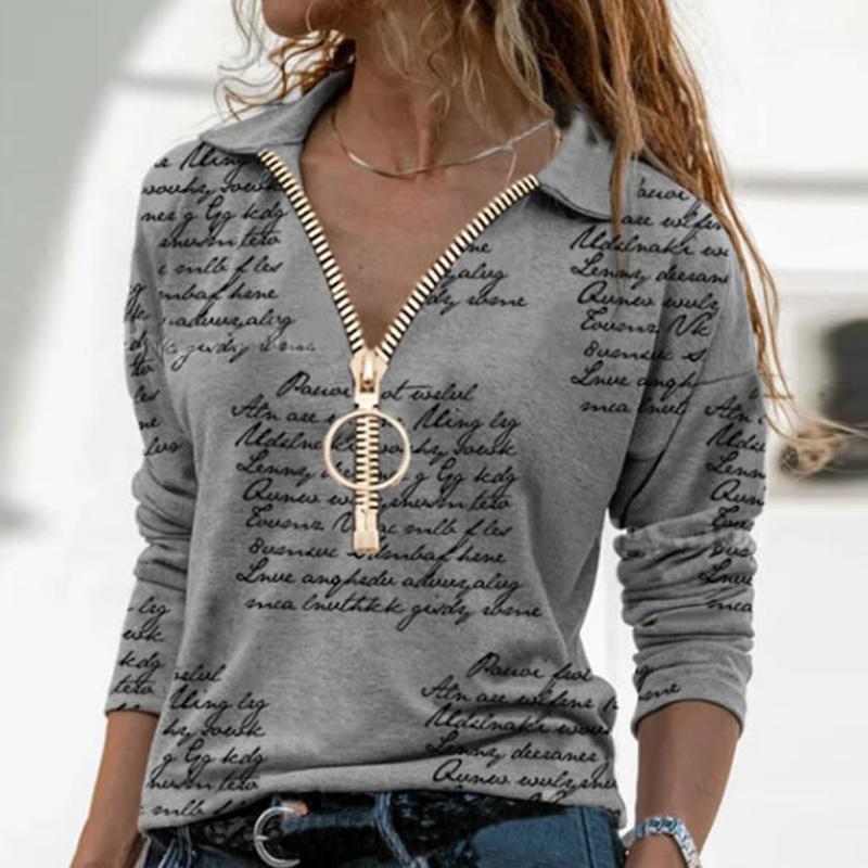 

Women' Blouses & Shirts Women Retro V Neck Short Sleeve Zip Tops Fashion Pullover Geometric Letter Print Blouse 2021 Chic Casual Blusa Stre, Short sleeve gray
