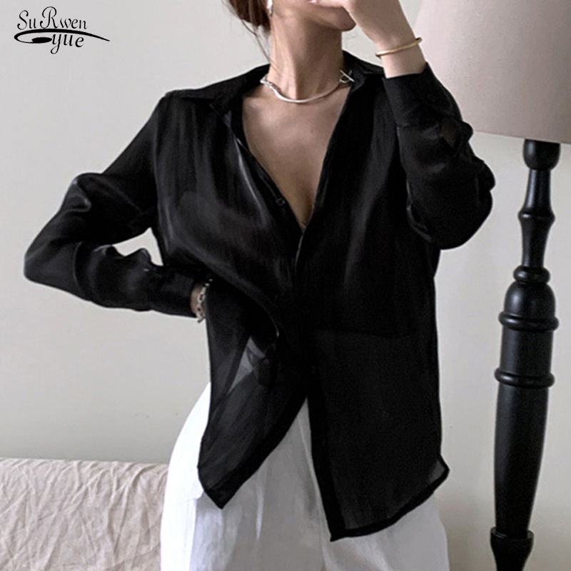 

Spring Autumn French Women Shirt White Tops Long-sleeved Glossy Silk Satin Retro Blouses Chemisier Femme 11971 210521, Light blue