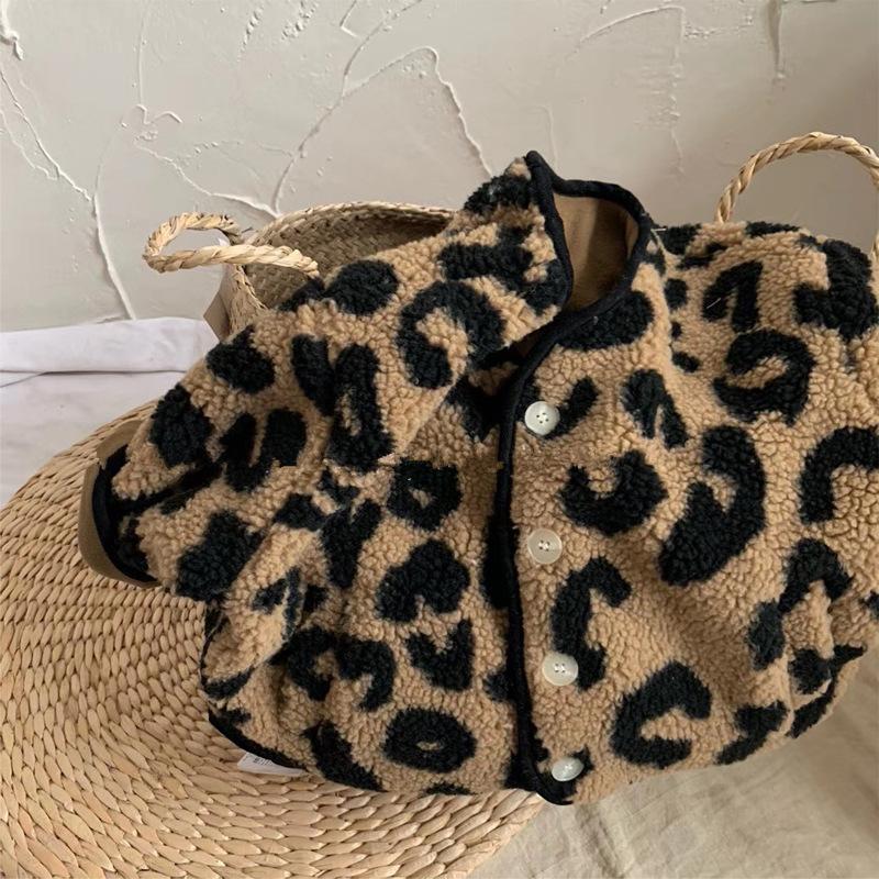 

Down Coat Girls Jacket Leopard Print V-neck Plus Velvet Padded Cotton-padded 2021 Winter, Blue;gray