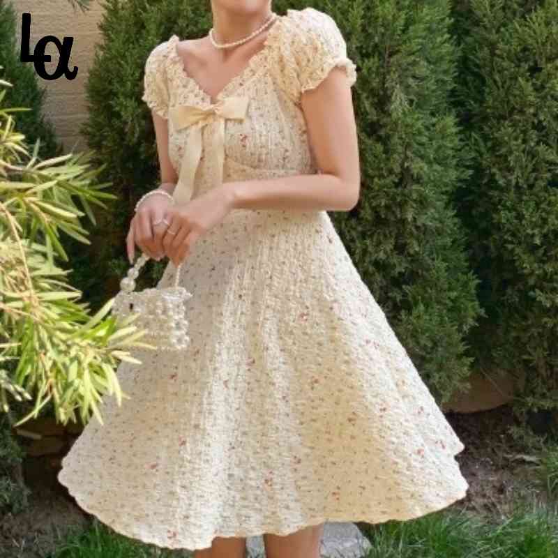 

Summer Elegant Floral Print Dress Women French Casual Sweet Vintage Sexy Mini A-line Puff Sleeve Party 210519, Yellow dress