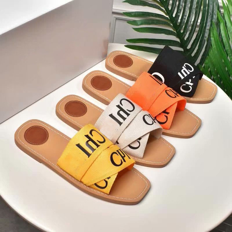 

2021 summer Women Woody Mules Fflat Slipper Deisgner Lady Lettering Fabric Outdoor Leather Sole Slide Sandal, Black